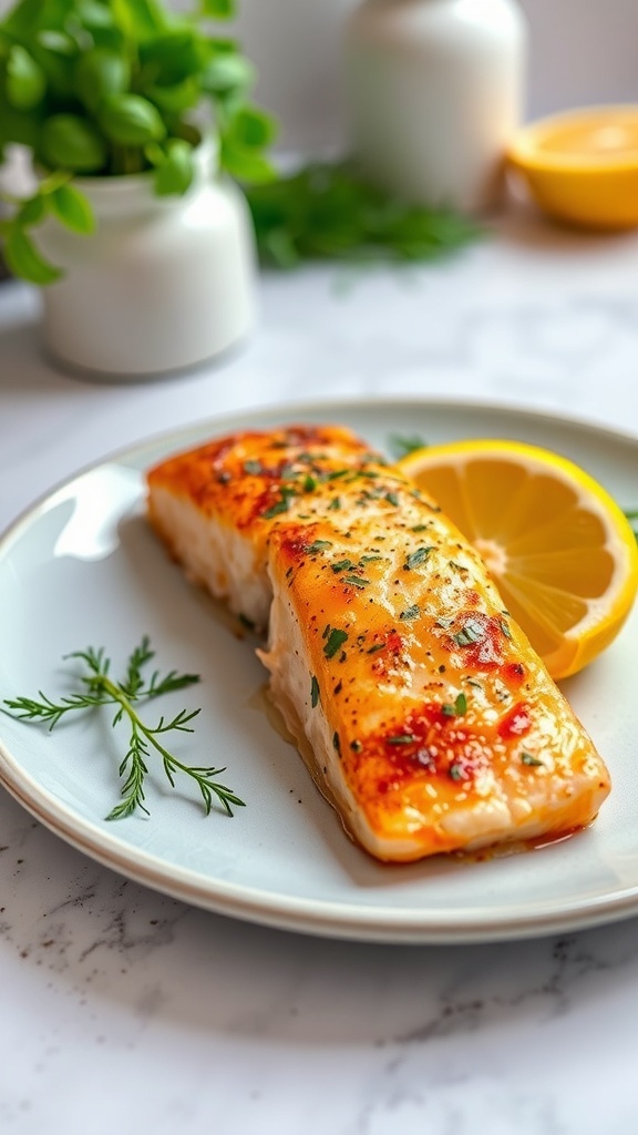 Crispy air fryer salmon fillet garnished with herbs and lemon wedges on a plate.